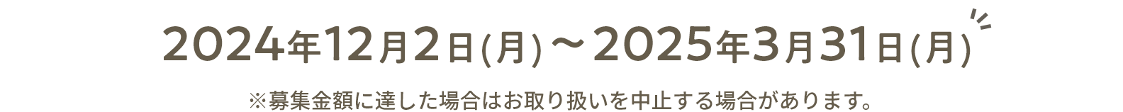 2024年12月2日(月) ～2025年3月31日(月) ※募集金額に達した場合はお取り扱いを中止する場合があります。