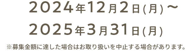 2024年12月2日(月) ～2025年3月31日(月) ※募集金額に達した場合はお取り扱いを中止する場合があります。